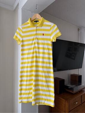 Vintage Ralph Lauren Yellow White Striped Polo Dress Pink Pony Size M